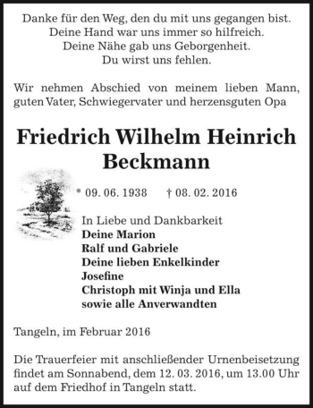 Traueranzeige von Friedrich Wilhelm Heinrich Beckmann  von Magdeburger Volksstimme