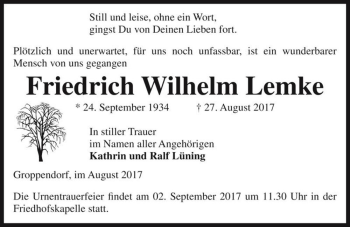 Traueranzeige von Friedrich Wilhelm Lemke  von Magdeburger Volksstimme