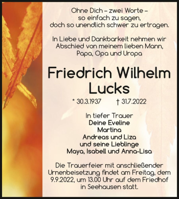 Traueranzeige von Friedrich Wilhelm Lucks  von Magdeburger Volksstimme