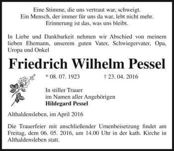 Traueranzeige von Friedrich Wilhelm Pessel  von Magdeburger Volksstimme