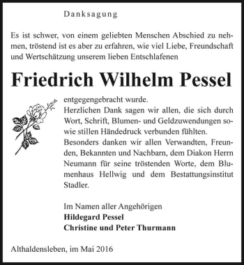 Traueranzeige von Friedrich Wilhelm Pessel  von Magdeburger Volksstimme