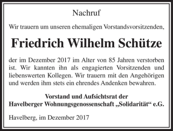 Traueranzeige von Friedrich Wilhelm Schütze  von Magdeburger Volksstimme