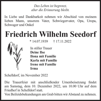 Traueranzeige von Friedrich Wilhelm Seedorf  von Magdeburger Volksstimme
