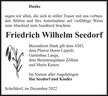Traueranzeige von Friedrich Wilhelm Seedorf  von Magdeburger Volksstimme