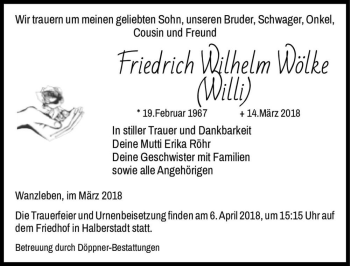 Traueranzeige von Friedrich Wilhelm Wölke (Willi)  von Magdeburger Volksstimme
