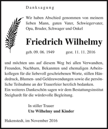 Traueranzeige von Friedrich Wilhelmy  von Magdeburger Volksstimme
