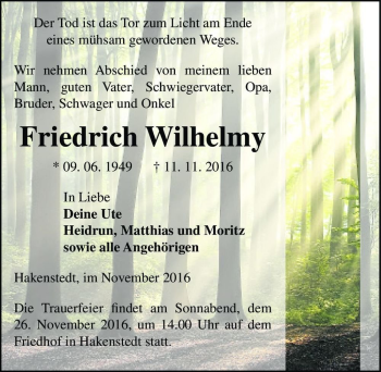 Traueranzeige von Friedrich Wilhelmy  von Magdeburger Volksstimme
