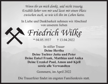 Traueranzeige von Friedrich Wilke  von Magdeburger Volksstimme
