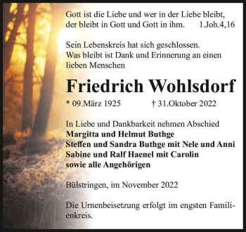 Traueranzeige von Friedrich Wohlsdorf  von Magdeburger Volksstimme
