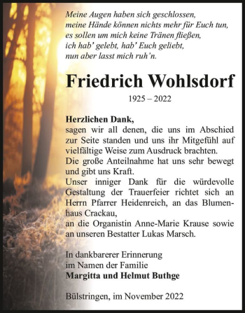 Traueranzeige von Friedrich Wohlsdorf  von Magdeburger Volksstimme