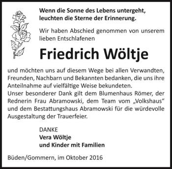 Traueranzeige von Friedrich Wöltje  von Magdeburger Volksstimme