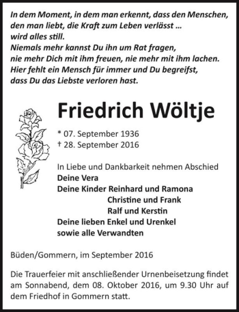 Traueranzeige von Friedrich Wöltje  von Magdeburger Volksstimme