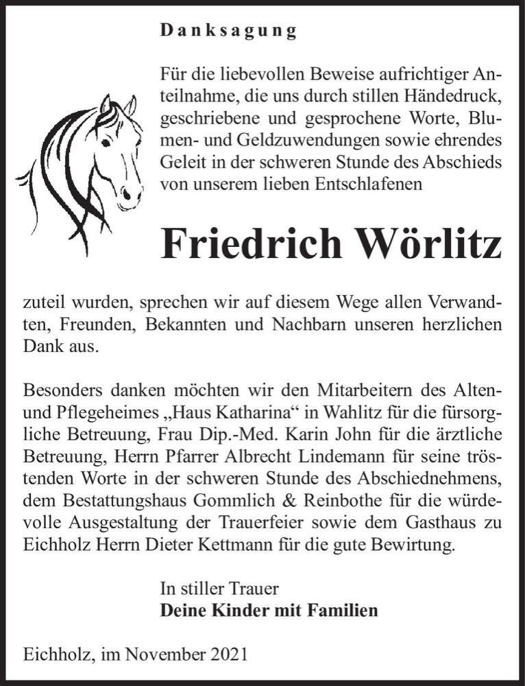  Traueranzeige für Friedrich Wörlitz  vom 20.11.2021 aus Magdeburger Volksstimme