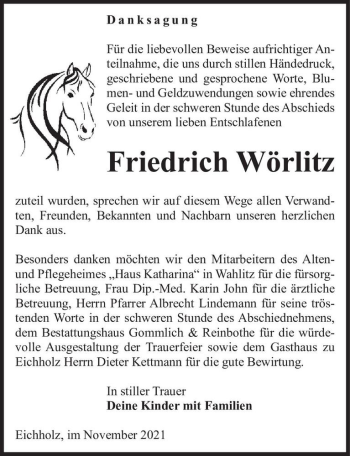 Traueranzeige von Friedrich Wörlitz  von Magdeburger Volksstimme