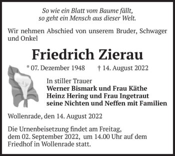 Traueranzeige von Friedrich Zierau  von Magdeburger Volksstimme