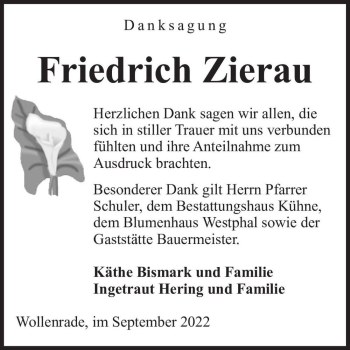 Traueranzeige von Friedrich Zierau  von Magdeburger Volksstimme