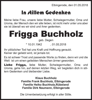 Traueranzeige von Frigga Buchholz (geb. Degen)  von Magdeburger Volksstimme
