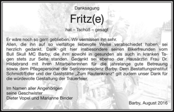 Traueranzeige von Fritz 