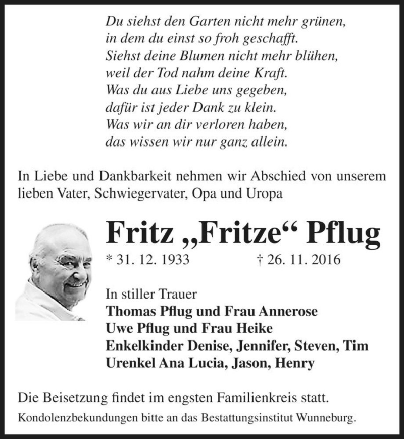  Traueranzeige für Fritz 