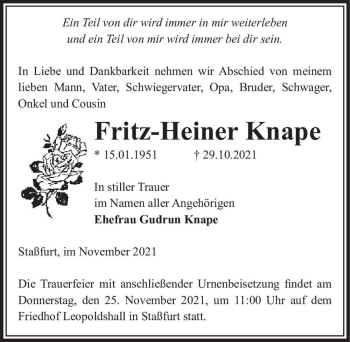 Traueranzeige von Fritz-Heiner Knape  von Magdeburger Volksstimme
