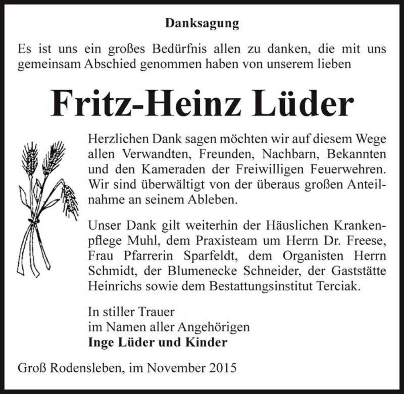  Traueranzeige für Fritz-Heinz Lüder  vom 28.11.2015 aus Magdeburger Volksstimme