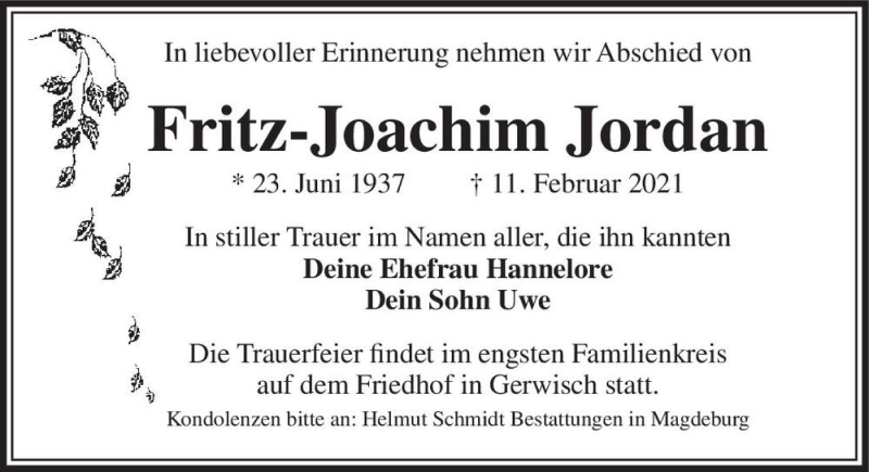  Traueranzeige für Fritz-Joachim Jordan  vom 20.02.2021 aus Magdeburger Volksstimme