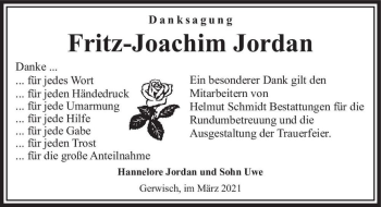 Traueranzeige von Fritz-Joachim Jordan  von Magdeburger Volksstimme