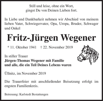 Traueranzeige von Fritz-Jürgen Wegener  von Magdeburger Volksstimme