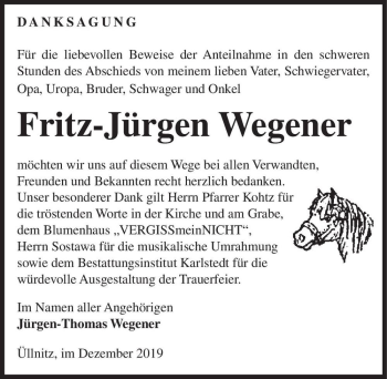Traueranzeige von Fritz-Jürgen Wegener  von Magdeburger Volksstimme