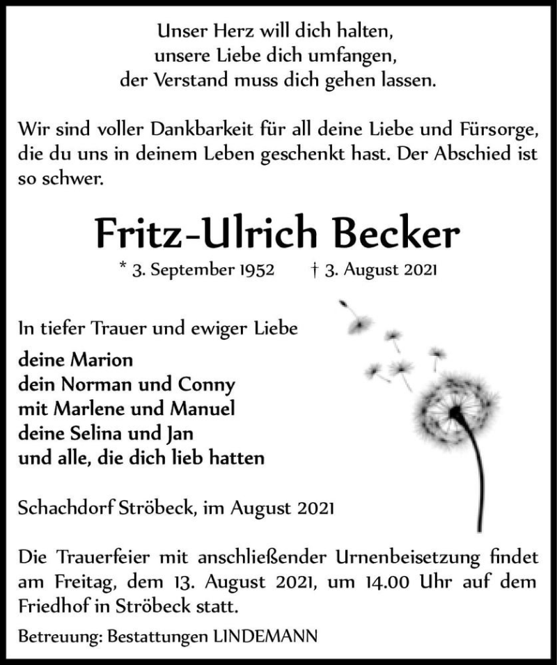  Traueranzeige für Fritz-Ulrich Becker  vom 07.08.2021 aus Magdeburger Volksstimme