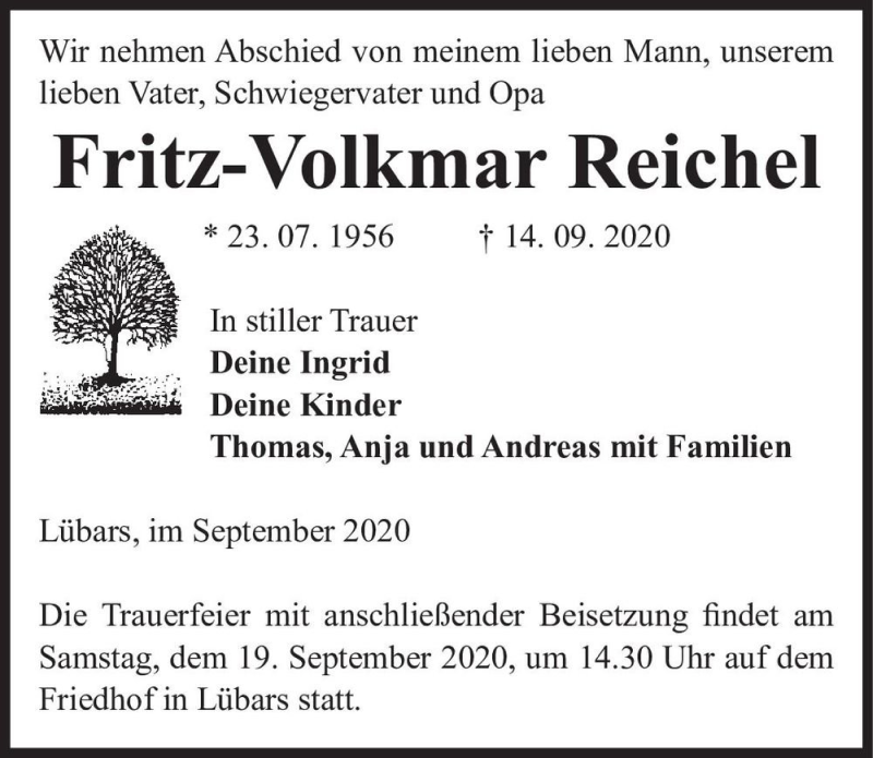  Traueranzeige für Fritz-Volkmar Reichel  vom 17.09.2020 aus Magdeburger Volksstimme