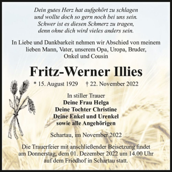 Traueranzeige von Fritz-Werner Illies  von Magdeburger Volksstimme