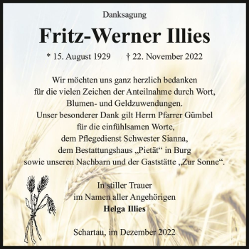 Traueranzeige von Fritz-Werner Illies  von Magdeburger Volksstimme