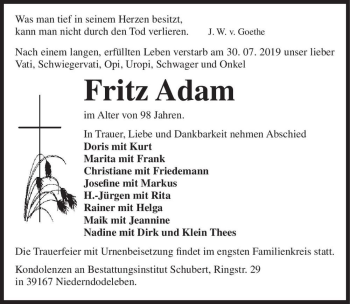 Traueranzeige von Fritz Adam  von Magdeburger Volksstimme
