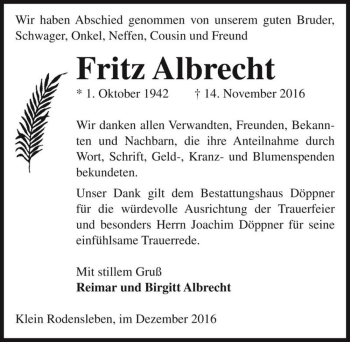 Traueranzeige von Fritz Albrecht  von Magdeburger Volksstimme