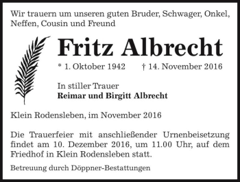 Traueranzeige von Fritz Albrecht  von Magdeburger Volksstimme