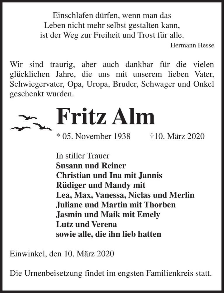  Traueranzeige für Fritz Alm  vom 14.03.2020 aus Magdeburger Volksstimme