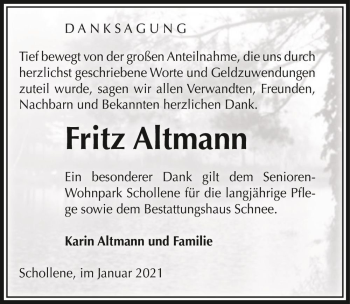 Traueranzeige von Fritz Altmann  von Magdeburger Volksstimme