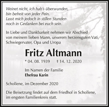 Traueranzeige von Fritz Altmann  von Magdeburger Volksstimme