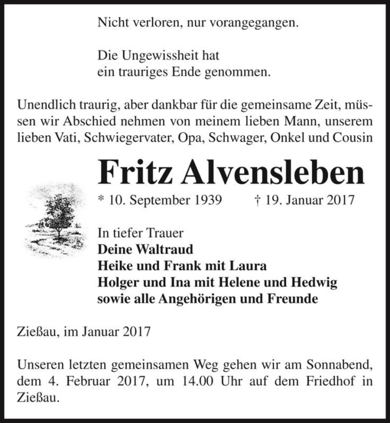  Traueranzeige für Fritz Alvensleben  vom 26.01.2017 aus Magdeburger Volksstimme