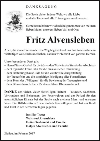 Traueranzeige von Fritz Alvensleben  von Magdeburger Volksstimme