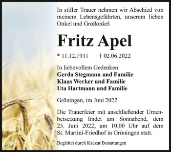 Traueranzeige von Fritz Apel  von Magdeburger Volksstimme