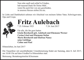 Traueranzeige von Fritz Aulebach  von Magdeburger Volksstimme