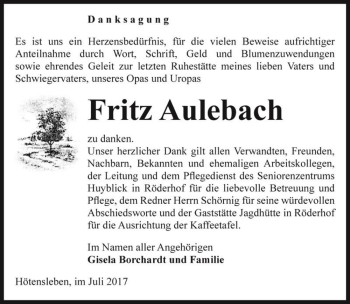 Traueranzeige von Fritz Aulebach  von Magdeburger Volksstimme