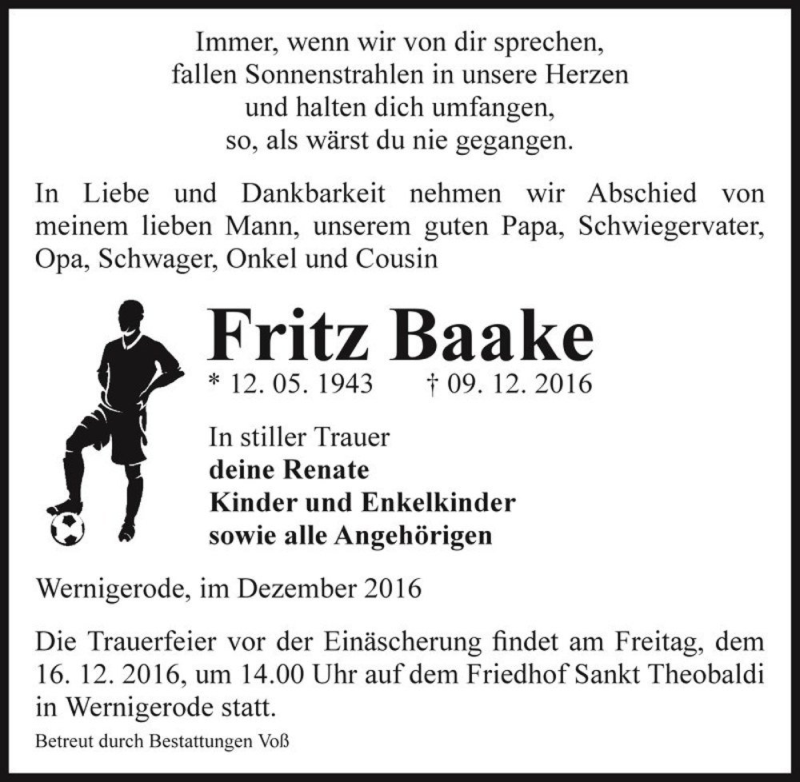  Traueranzeige für Fritz Baake  vom 13.12.2016 aus Magdeburger Volksstimme