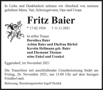 Traueranzeige von Fritz Baier  von Magdeburger Volksstimme