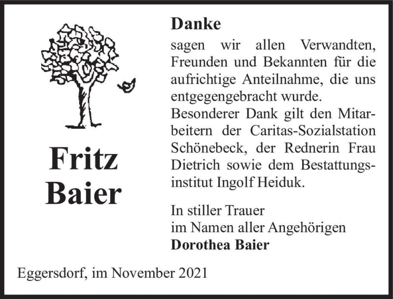  Traueranzeige für Fritz Baier  vom 11.12.2021 aus Magdeburger Volksstimme