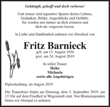 Traueranzeige von Fritz Barnieck  von Magdeburger Volksstimme