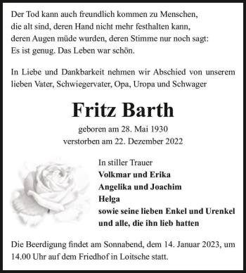 Traueranzeige von Fritz Barth  von Magdeburger Volksstimme