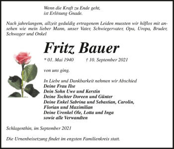Traueranzeige von Fritz Bauer  von Magdeburger Volksstimme